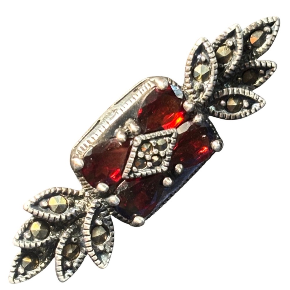 Brooch Red Garnet Marcasite Sterling Silver 925‎ Art Deco Vintage Style Pin
